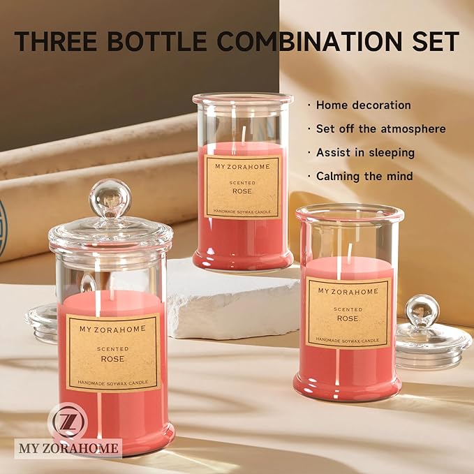 Aromatherapy Candles, Scented Candles for Home As a Holiday Candle Gift for Your Lover, Family, Elder, Friends and Colleagues (Set of 3 - Rose)