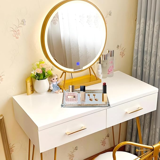 Mirrored Vanity Tray, Crushed Diamond Filled Crystal Glass Cosmetic Makeup Tray, Sparkle Perfume Jewelry Trinket Countertop Decorative Tray, for Home Party Hotel Banquet Dresser Bathroom Bedroom, Gold