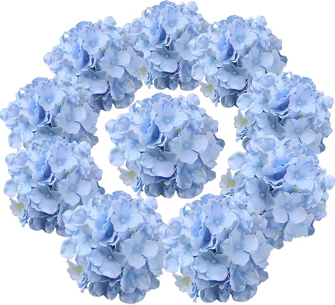 Flojery Silk Hydrangea Heads Artificial Flowers Heads with Stems for Home Wedding Decor,Pack of 10 (Blue)