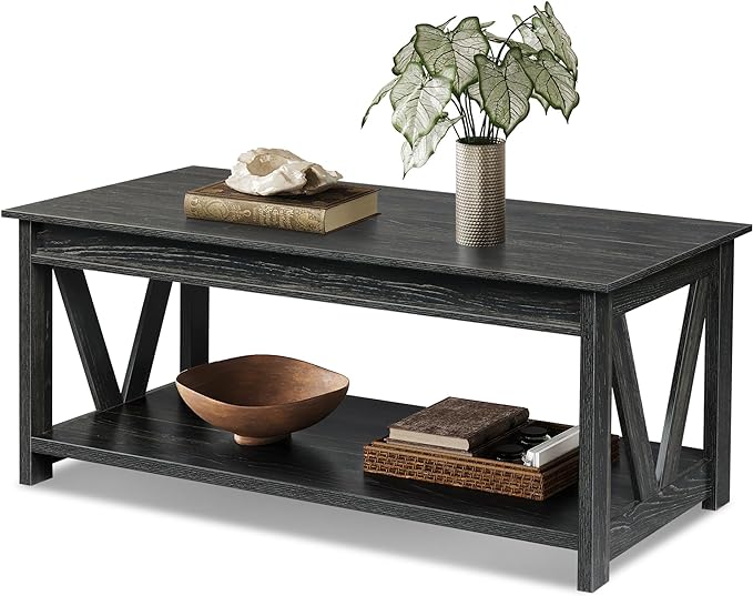 WLIVE Coffee Table, 43" Farmhouse Coffee Table with Storage Shelf & Sturdy V-Shaped Support, Wood Center Table for Living Room, Bedroom, Office and Balcony, Black
