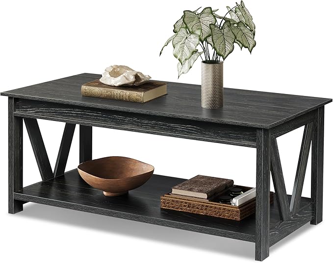 WLIVE Coffee Table, 43" Farmhouse Coffee Table with Storage Shelf & Sturdy V-Shaped Support, Wood Center Table for Living Room, Bedroom, Office and Balcony, Black