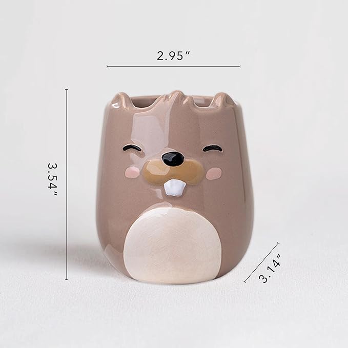 Beaver Animal Ceramic Planter for Indoor and Outdoors, 3 x 3 x 4 in., Cute Hand Painted Designed in Argentina, Convenient Drain Hole