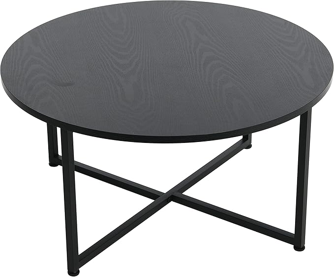 Household Essentials Jamestown Round Coffee Table Black Oak Wood Grain and Black Metal