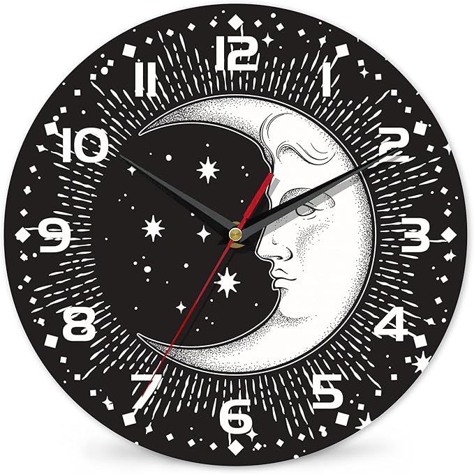 Clock for Living Room, Boho Crescent Moon and Stars Wall Clock Silent Non-Ticking Battery Operated Clock 10 Inch, Home Decor for Living Room, Kitchen, Bedroom and Office