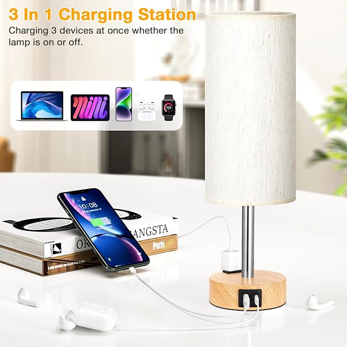 Touch Bedside Table Lamps Set - 3 Way Dimmable Bedroom Lamps Set of 2 with USB C and A Ports, Small Lamps for Nightstand with AC Outlet, Wood Base Round Flaxen Shade for Desk, Office, Dorm, Nursery