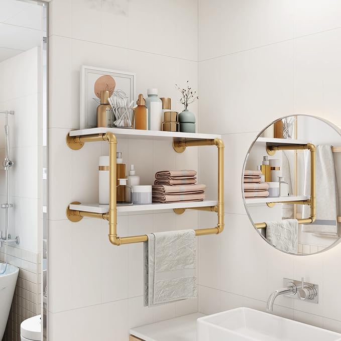 HOMEKAYT 24" Industrial Pipe Shelving Floating Wall Shelves 2 Tier Gold Shelves Multiple Use for Kitchen, Bedroom,Living Room,Bathroom