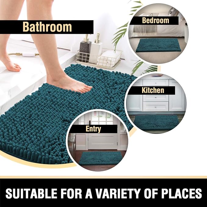 H.VERSAILTEX Bath Mats - Luxury Chenille Non Slip Bathroom Rugs, Extra Soft, Absorbent, Shaggy, Washable, Fast Dry 2 Piece (Dark Teal, 24" x 36"/20" x 32")