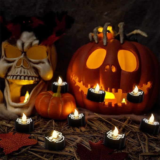DRomance Halloween Flameless Votive Candles Battery Operated with 6H Timer, 12 Pack Black Spooky Skull Decal LED Flickering Pumpkin Tea Lights Candles Fall Indoor Decoration(1.5" D x 1.4" H)