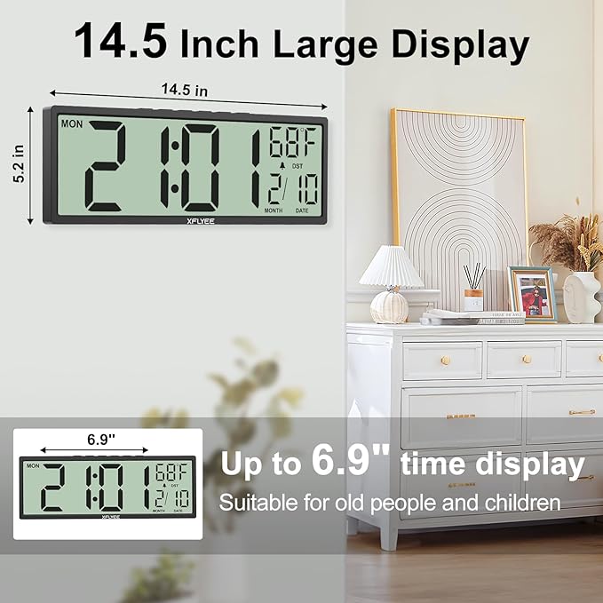 14.5'' Large Digital Wall Clock Battery Operated with Jumbo Numbers, Auto DST, Day, Date, Alarm, Temperature for Living Room, Bedroom, Desk Decor, Gift, LCD Screen Display Easy to Read and Set