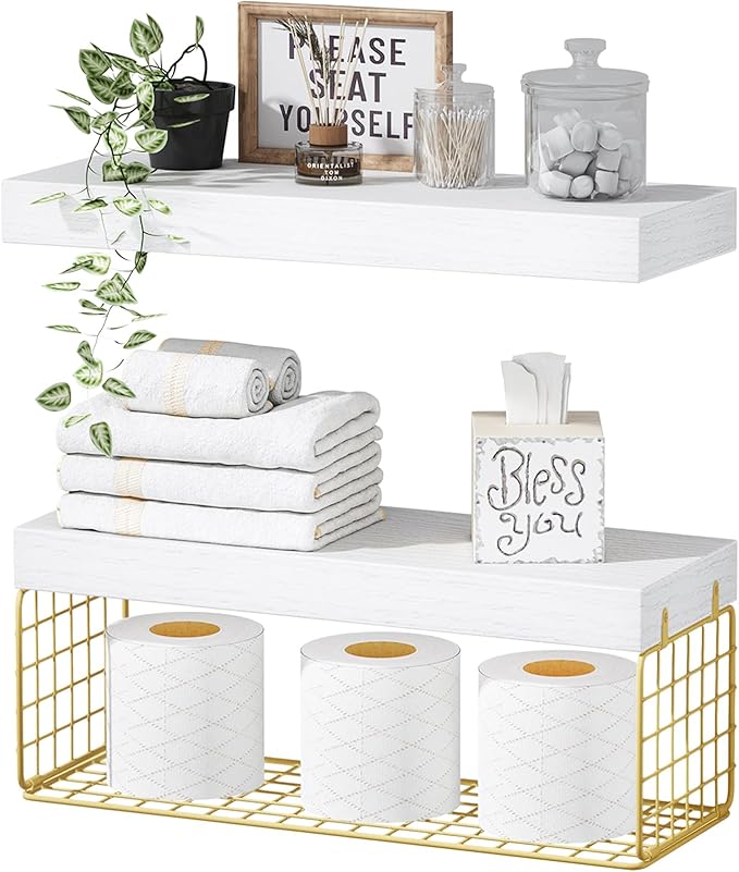 QEEIG Bathroom Shelves Over Toilet - Wall Mounted Floating Shelves Toilet Paper Storage Small Modern Decor Shelf 16 inch Set of 2, White and Gold (019-WG2)