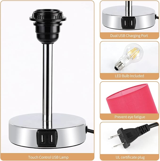 Yarra-Decor Bedside Lamp with USB Port - Touch Control Table Lamp for Bedroom (Red)