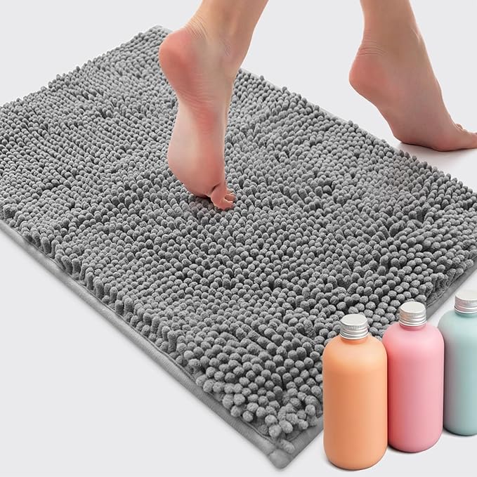 2 Pc Set – Plush Chenille Bathroom Rug Mat Set, Extra-Soft Bath Mat for Shower & Bathroom, Highly Absorbent Microfiber, Non-Slip Backing for Safety & Comfort.(20 x 30, Light Grey)