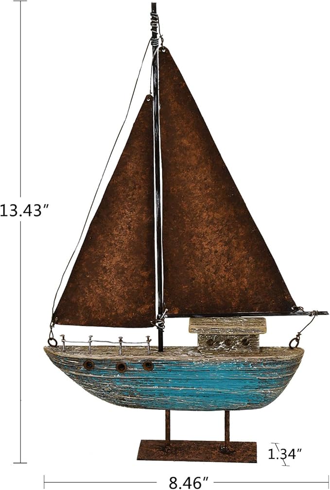 Rustic Wood Sailboat Decor Tabletop Nautical Decor, Wooden Sailboat Nautical Decoration Beach Themed Decoration Coastal Decor Sailboat Decoration for Home Mediterranean Decor (Blue)
