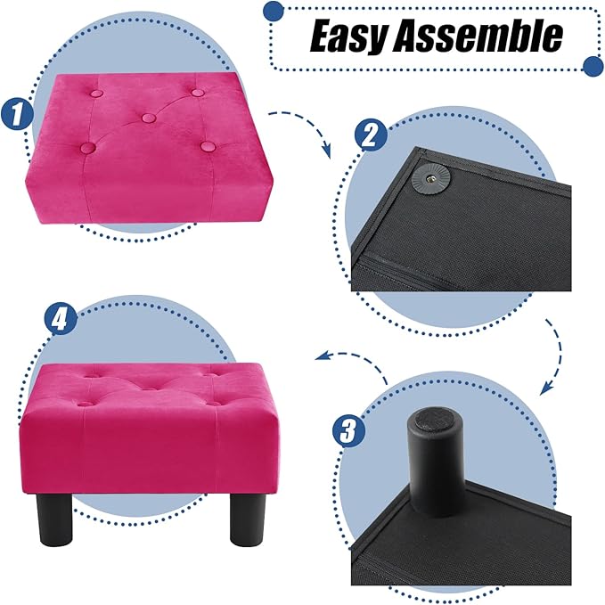 BRIAN & DANY Small Foot Stool, Velvet Foot Stools with Legs, Stable Small Footstool for Living Room, Rose Red