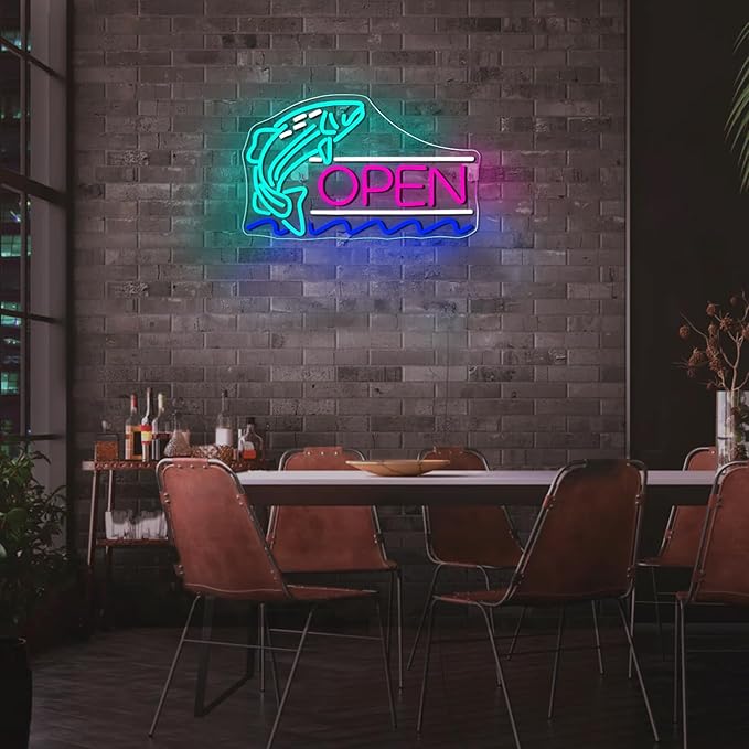 NEONLOVE Fish Neon Sign Fish Shop Neon Open Signs for Business Open Neon Signs Acrylic Fish Neon Light Sign for Fish Shop Supermarket Salmon Shop Open Light Up Sign Fish LED Neon Sign for Wall Decor