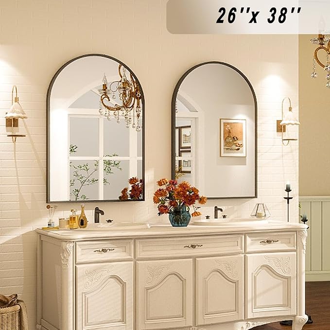 Arched Wall Mirror, 38 x 26 inch Arch Bathroom Mirror, Wall Mounted Vanity Mirror with Arch Metal Frame, Modern Bathroom Vanity Mirror for Bedroom, Living Room, Hanging or Leaning, Black