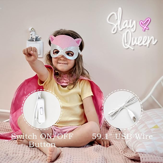 Slay Queen Neon Sign White Pink LED Neon Light Up Signs for Wall Decor Usb Neon Light for Bedroom Preppy Girl Aesthetic Room Dorm Decor Y2k Party Gifts