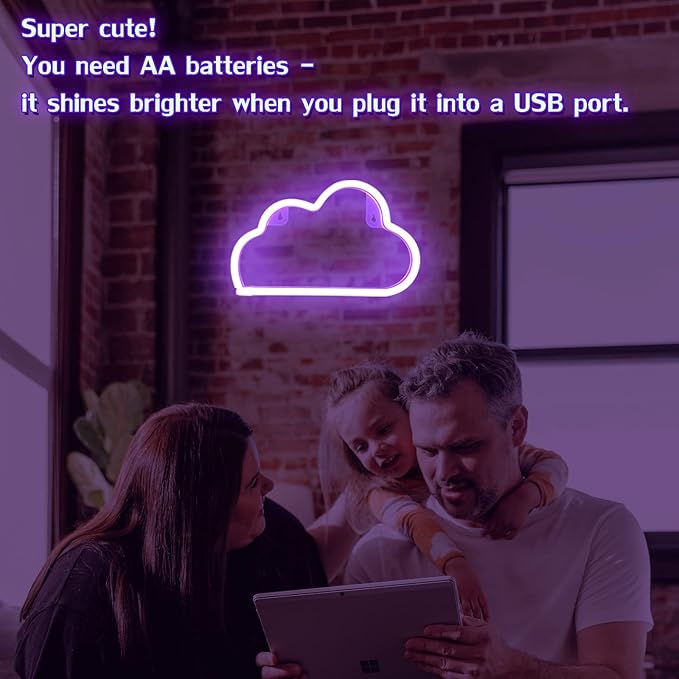 Cloud Neon Signs, LED Cloud Neon Light for Wall Decor, Battery or USB Powered Cloud Sign Shaped Decoration Wall Lights for Bedroom Aesthetic Teen Girl Kid Room Christmas Birthday Wedding Party
