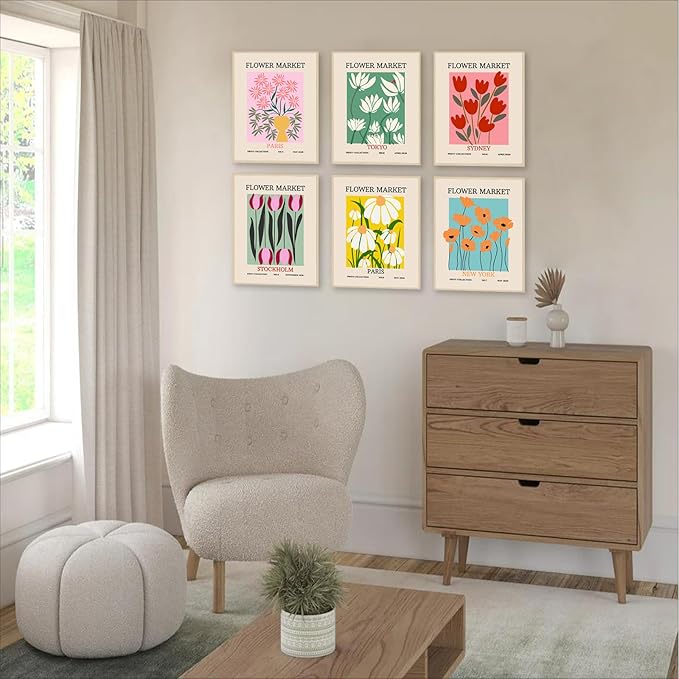 Flower Market Poster Set of 6, Vintage Flower Market Wall Art Prints, Abstract Colorful Floral Wall Art Decor, Minimalist City & Flower Canvas Painting Pictures for Aesthetic Room, Bedroom, Living Room, Gallery, Boho Room Decor(8x10inch, Unframed)