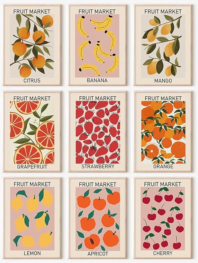 KBKBART Fruit Market Wall Art Print Set of 9, Abstract Colorful Posters, Prints Lemon Orange Banana Strawberry Mango Grapefruit Kitchen Gallery Decor, Canvas Paintings for Dining Room,