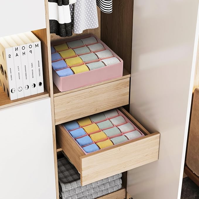Joyoldelf Sock Drawer Organizer Divider, 16-Cell Underwear Organizers and Storage Fabric Drawer Organizer for Socks, Lingerie, Ties, 2 Packs Pink