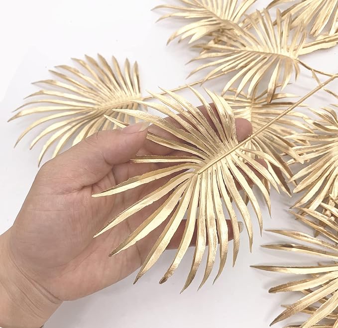 Christmas Decor Artificial Gold Plants 30" Tall 2 Pack, Faux Golden Fans Palm Leaves Plastic Fake Tropical Grass Flowers for Home Indoor Room Wedding Centerpiece Decoration Hall Table Vase Filler DIY
