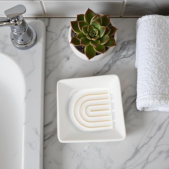 Square Soap Case Ceramic Soap Tray Fit Dr. Squatch Natural Bar Durable Soap Holder for Shower Home Bathroom Soap Dishes Daily Use Sink Bathtub (White)