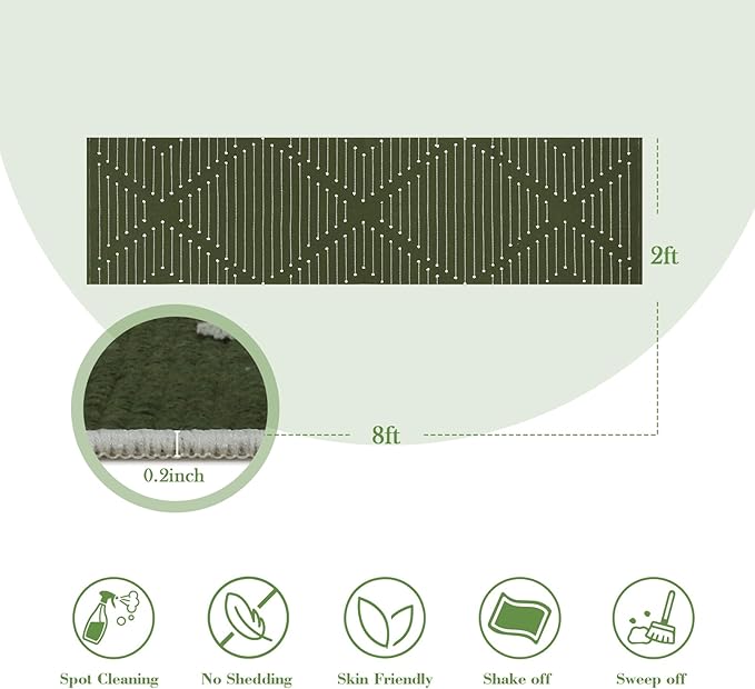 LIVEBOX Green Runner Rug for Kitchen, 2'x8' Boho Washable Rug Runner for Hallway,Moroccan Cotton Long Entryway Area Rug Indoor Carpet for Bedroom Laundry Doorway Entry