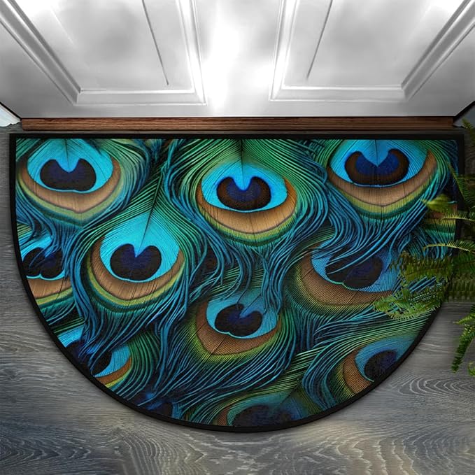 Half Round Doormat Indoor Entrance Mat Peacock Feathers Bathroom Carpet Absorbent Floor Mat Kitchen Mat for Home Front Door Patio Garage Welcome Mat