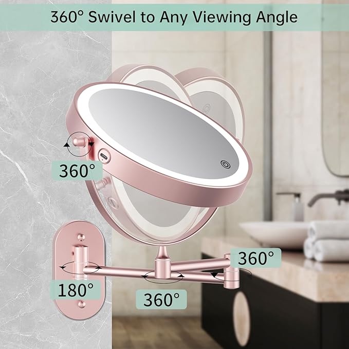 FUNTOUCH Rechargeable Wall Mounted Lighted Makeup Vanity Mirror 8 Inch Double Sided 1X 10X Magnifying Bathroom Mirror, 3 Color Lighting, Touch Dimming, Extended Arm 360° Light up Mirror