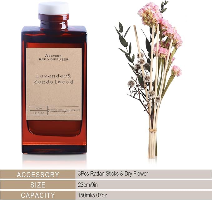 Reed Diffuser Set - Lavender Essential Oil, 5 oz/150ml Sandalwood Aroma Scent Oils Bathroom Air Freshener with Flower Decoration and Diffuser Sticks, Home Fragrance for Room Decor