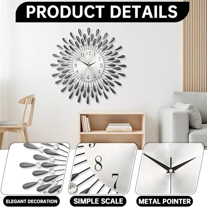 Wall Clock,20inch Decorative Wall Clocks Silent Quality Quartz Battery Operated,Large Wall Clock for Living Room,Kitchen,Home,Bathroom,Bedroom Wall Decor,Black