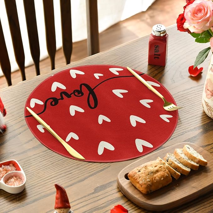 Artoid Mode Red Love Round Valentine Placemats Set of 4, 14 Inch Anniversary Wedding Round Table Mats for Dining Decoration
