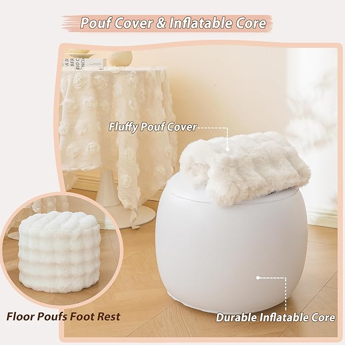 LIFEREVO Faux Rabbit Fur Round Inflatable Pouf Ottoman, 20 X 16 Waffle Bubble Fluffy Fuzzy Floor Poufs Foot Rest for Adults Kids Girls, Furry Pouf Chair Foot Stool Couch Home Decor, Anti-Slip, Beige