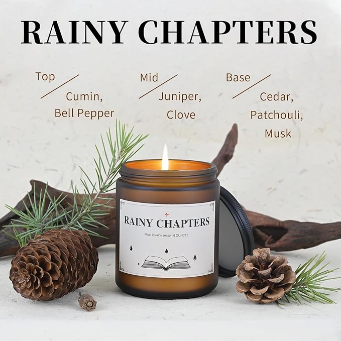 Rainy Chapters Scented Jar Candle - 100% Soy Wax Aromatherapy Candle with Juniper & Cedar Notes, Long-Lasting Fragrance for Home, Relaxation Romantic Ambience (8oz, 40-Hour Burn Time)