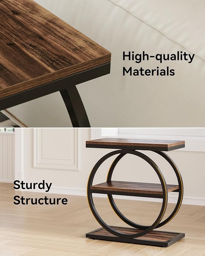 LITTLE TREE End Table, 3-Tier Side Table, Slim Sofa Side Table for Living Room, Tall Bedside Table Nightstand for Bedroom, Rustic Brown and Black