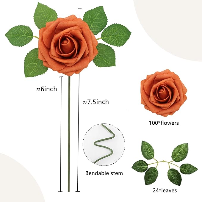 100PCS Artificial Flowers Burnt Orange Roses Real Looking Foam Fake Roses with Leaves and for DIY Wedding Bouquets Bridal Shower Centerpieces Party Decorations (Burnt Orange, 100)
