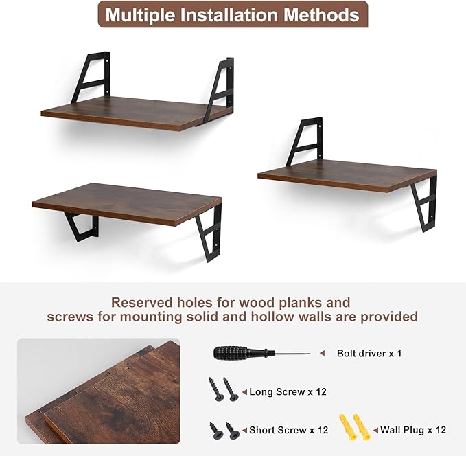 Set of 2 Deep Floating Shelves; Wall Mounted Book Shelf for Living Room, Bedroom Shelves for Wall Decor; Shelves for Wall Storage; Shelving with Metal Brackets, 12 Inches (Rustic Brown)