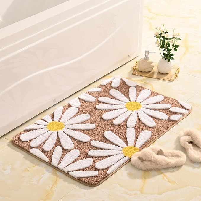 QJHOMO Brown Bathroom Rugs Cute Daisy Bath Mat White and Yellow Flower Decor Rug Non Slip Floor Carpet Microfiber Bathmat Super Absorbent Machine Washable Bathtub Mats for Shower (24x36 inch)