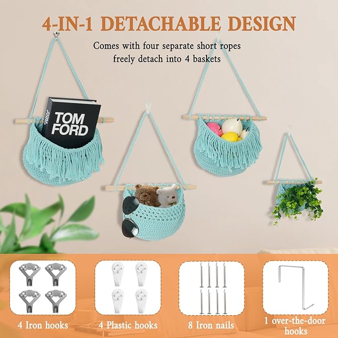 4 Tier Hanging Fruit Basket for Kitchen, Aqua Boho Cotton Rope Crocheted Fruit Holder for Bathroom Bedroom, Detachable Wall Hanging Basket Shelves Over Door Organizer for Fruit Veggie Plant Decor