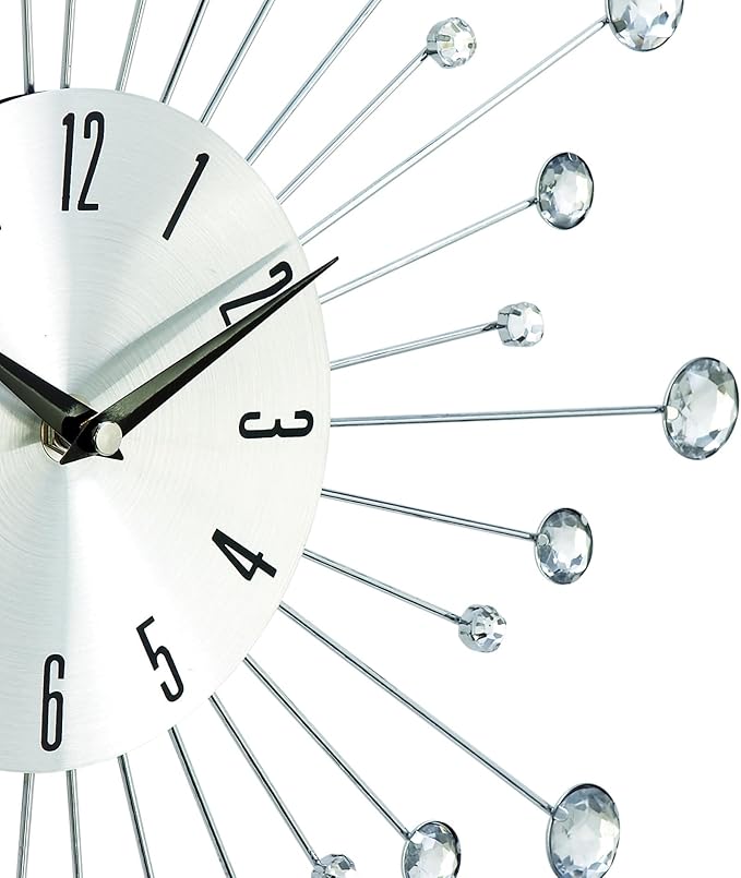 Deco 79 Metal Starburst Decorative Wall Clock With Crystal Accents for Home and Room, 15" x 2" x 15", Silver