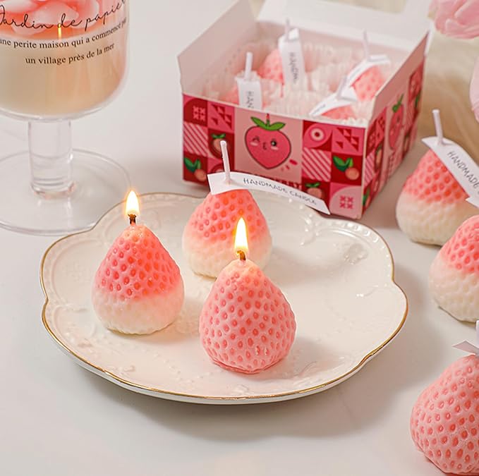 Strawberry Shaped Scented Candle,4PACK 75G Fruit Aroma Soy Wax Decorative Candle for Table Photo Prop Birthday Gift,Prefect for Meditation Stress Relief Mood Boosting Bath Yoga (Pink&White)