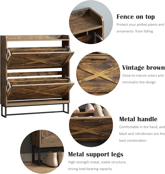 Maupvit Shoe Storage Cabinet with 2 Flip Drawers, Freestanding Shoe Organizer with Metal Legs for Entryway, Narrow Shoe Rack Cabinet, Rustic Brown