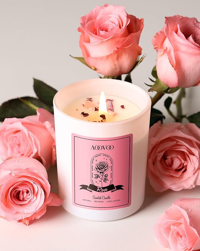 AOOVOO Rose Scented Candles for Women - Aromatherapy Candle with Crystals Inside, 7oz Soy Candles for Home Scented, Christmas Birthday Gifts Mothers Day Candle for Women Mom
