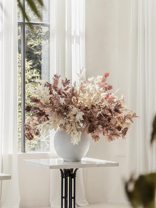 MISSPIN 11 Pack 38 inch Artificial Fall Maple Leaf Stems, Beige Maple Leaf Fall Branches for Vases Centerpieces Autumn Harvest Festival and Thanksgiving Day