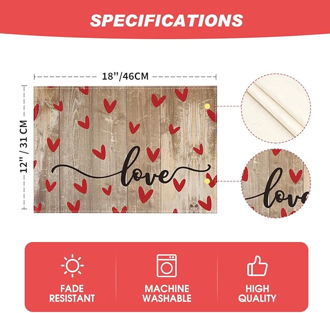 Artoid Mode Wood Love Hearts Valentine Placemats Set of 4, 12x18 Inch Seasonal Anniversary Holiday Table Mats for Party Kitchen Dining Decoration
