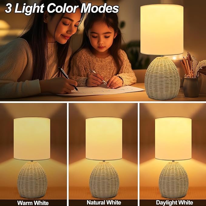 Boho Rattan Table Lamp Bedside - 3 Color Temperature Handmade Bamboo Woven Lamp for Nightstand Living Room (Original Color, 1 Pack)