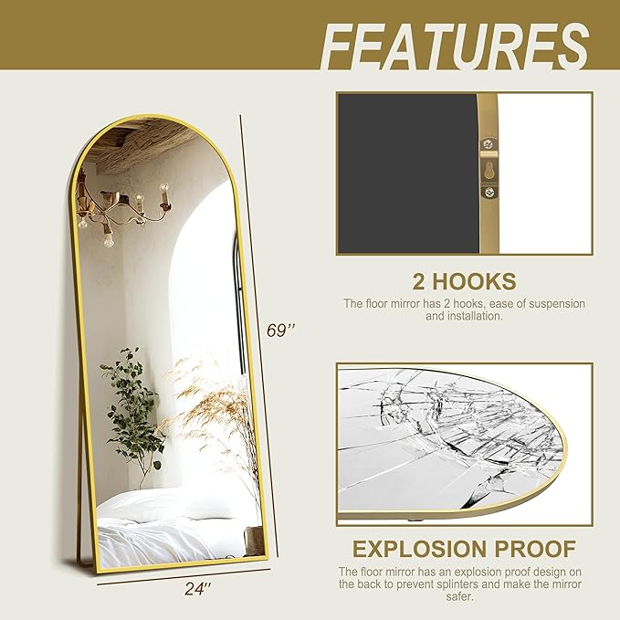 Delma Wall Mirror Full Length Mirror,Standing Mirror Full Body,Large Floor Mirror for Wall Door Bedroom Bathroom Living Room with Aluminium Frame(with Stand,Arch 69x24-Gold)