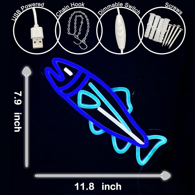 Salmon Fish Neon Sign Sea Art Neon Light for Room Wall Decor Dimmable LED Neon Light for Bar Restaurant Man Cave Game Room Wall Art 11.8"×7.9"