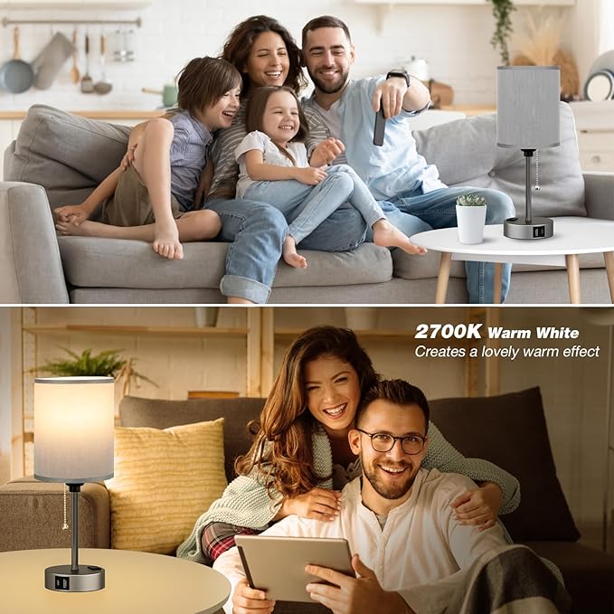 Dicoool Small Bedside Table lamp for Bedroom - 3 Color Temperatures Bedside Lamps with USB Ports for Housewarming, Pull Chain Table Lamps with AC Outlet, Nightstand Lamps for Kids Reading